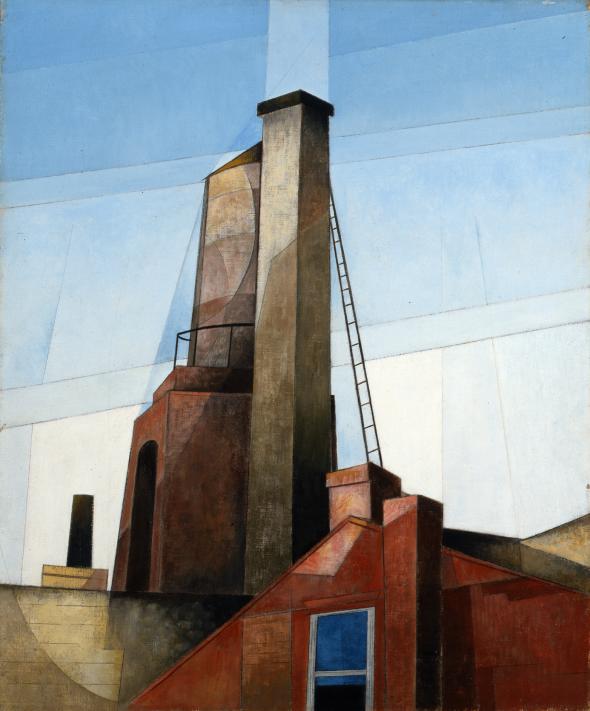 Oil on canvas of a factory chimney paired with a round silo
